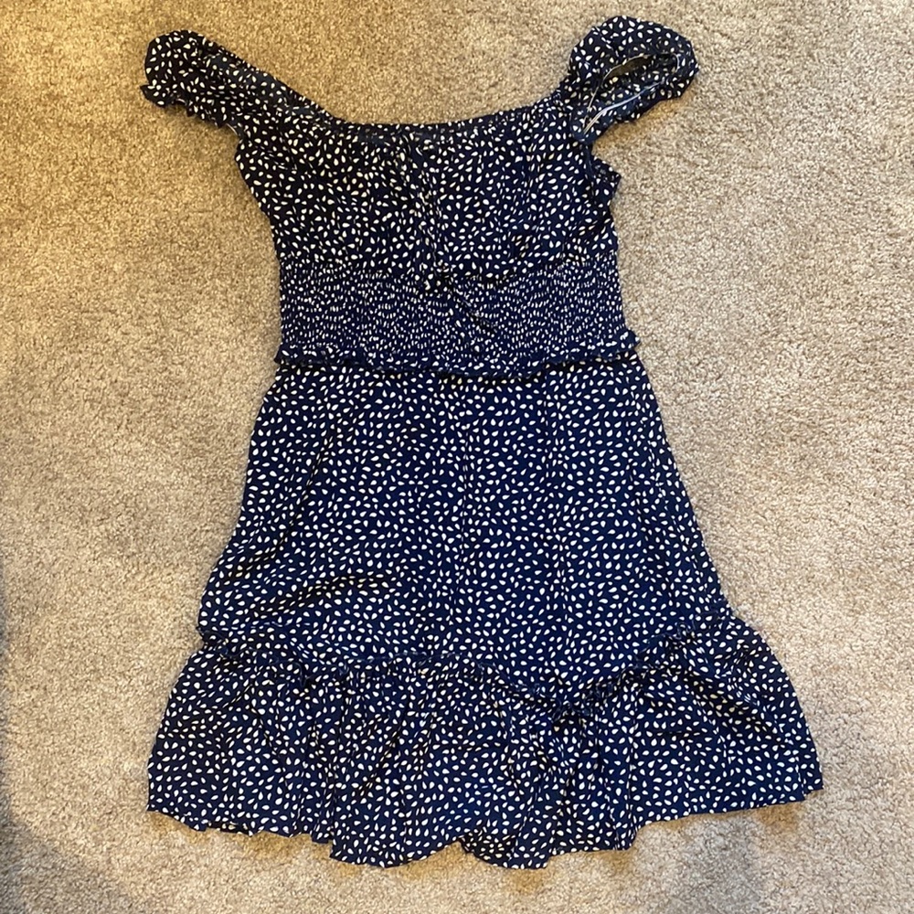 Navy & white polka dot smocked dress